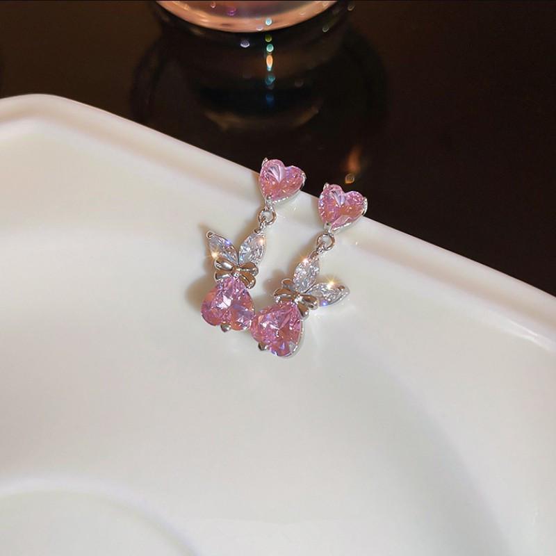 Pink Zircon Heart Bow Bunny Ear Studs Women's Fashionable Luxury Silver Needle Cute Earrings