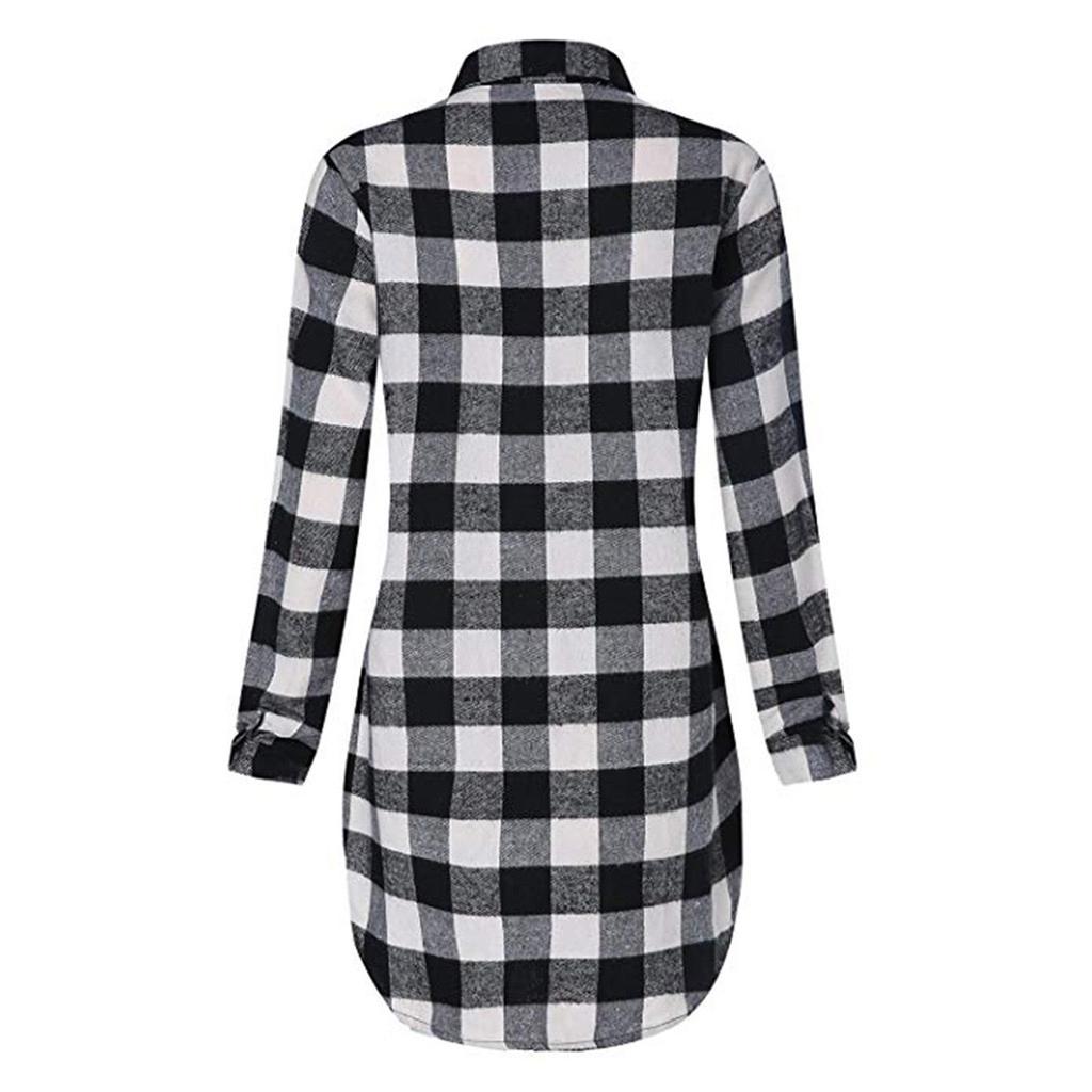 Women Blouses Tops Plaid Long Sleeve Collar Neck Casual Button Down Dress