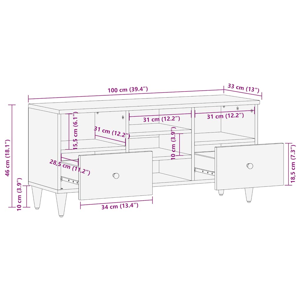 TV Cabinet 100x33x46 Cm Solid Mango Wood