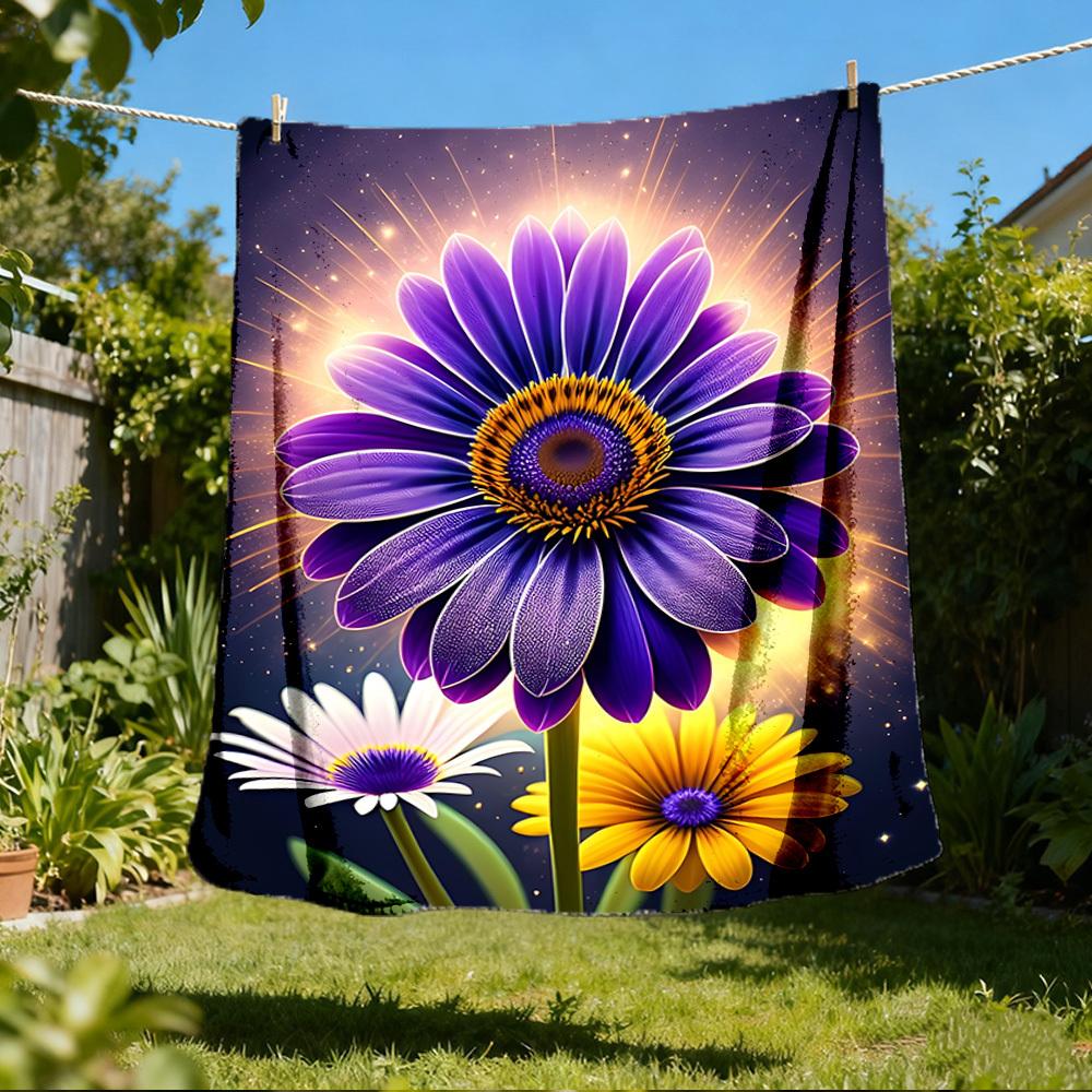 1pc Purple Daisy Outdoor Flannel Blanket Soft All Season Polyester Throw , Perfect for Picnics & Travel , Picnic Accessory