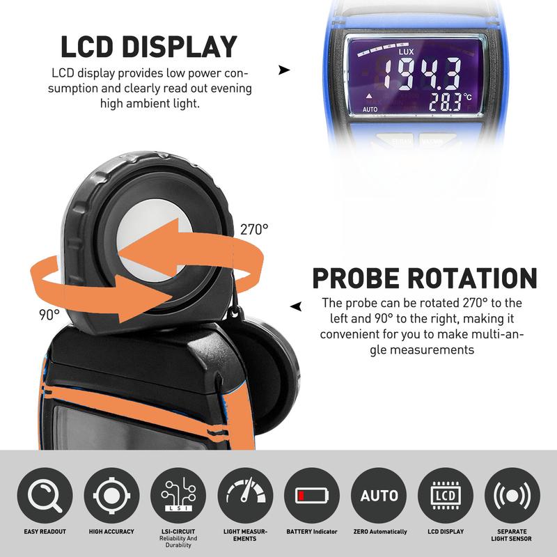 Digital illuminance meter,High accuracy and fast response,Light detector: used for light detection,LCD display,1-400,000Lux