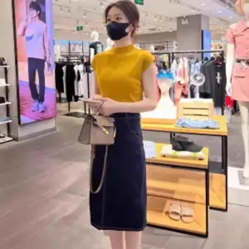 Women Summer Elegant Mock Neck Tee Slim Fit Short Sleeve Blouse