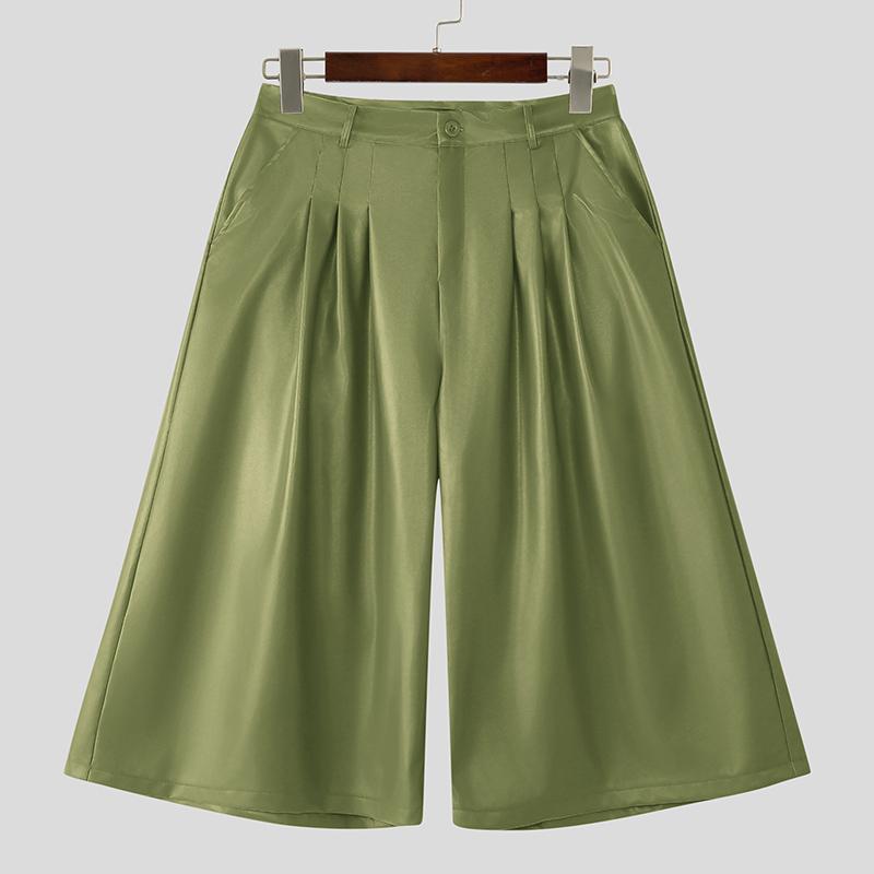 INCERUN Heren Hoge Taille Effen Kleur PU Leer Losse Cropped Wijde Pijpen Broek 5XL groen