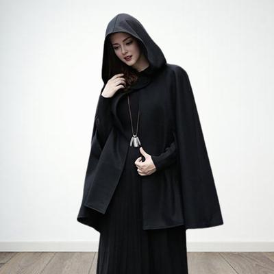 Winter Women Cape Coat with Hood Medieval Retro Cape Gothic Keep Warm Shawl Knee Length Loose Cloak Thick Single-Button Closure Outdoor Poncho Pirate
