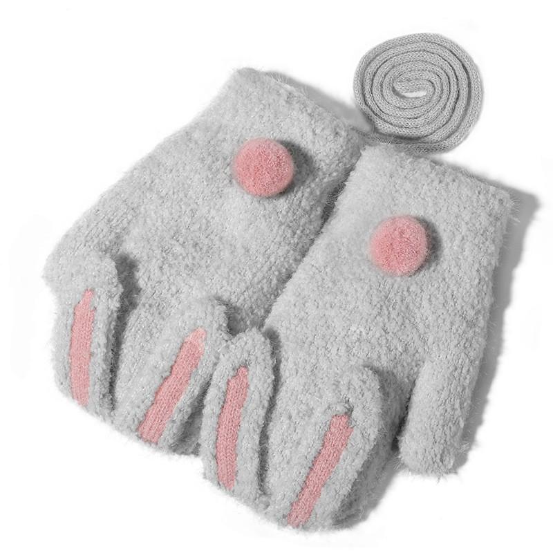 Kids Winter Warm Fleece Lined Knit Gloves With Rabbit Design Girls Age 2-5 Windproof Full Finger Mittens Wrist Strap