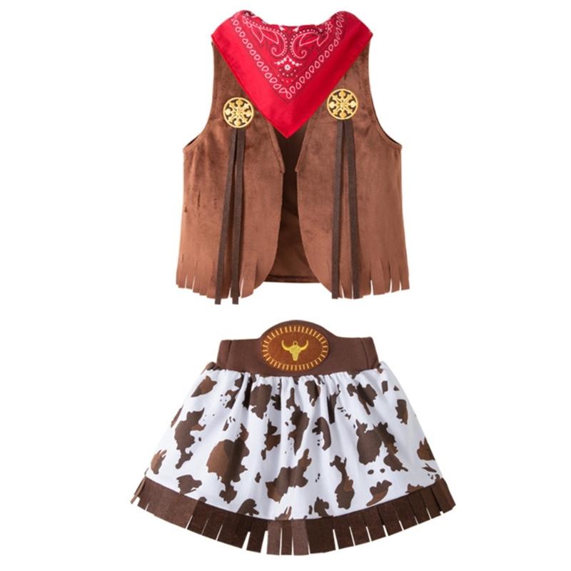 Kinder Cowgirl Rollenspiel Kostüm Set 4 Teile Weste Hose Hut und Kurzer Rock Performance Kleidung