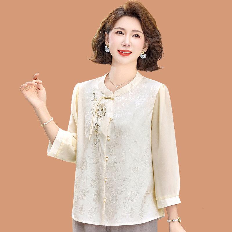 2026 Spring/Summer Jacquard Chiffon Blouse for Middle-Aged & Elderly Women - Seven-Sleeve Design 5XL (for 145-160 jin)