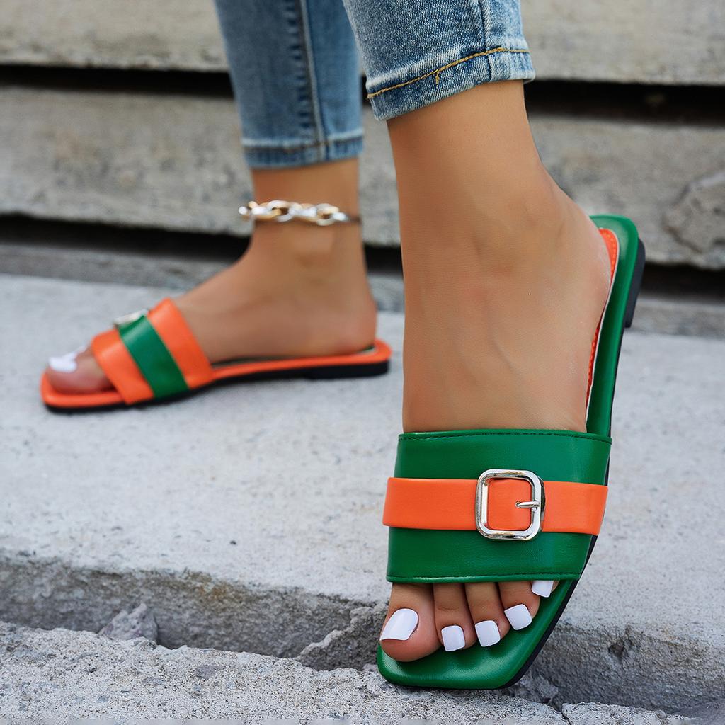 Жіночі плоскі капці літні шкіряні жіночі туфлі на плоскому підборі з квадратним носком, шльопанці, дизайнерські жіночі шльопанці, жіноче взуття, розкішні сандалі