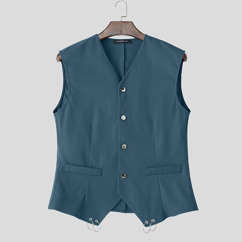 

INCERUN Men V Neck Sleeveless Button Splits Hem Casual Thin Vest Waistcoat 5XL синій