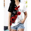 Rose Print Contrasting Short Sleeved T-shirt, Women's Casual Round Neck Top