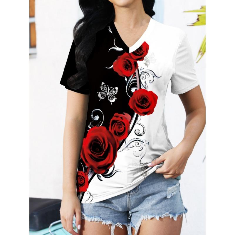 

Rose print contrasting short sleeved T-shirt, women s casual round neck top S