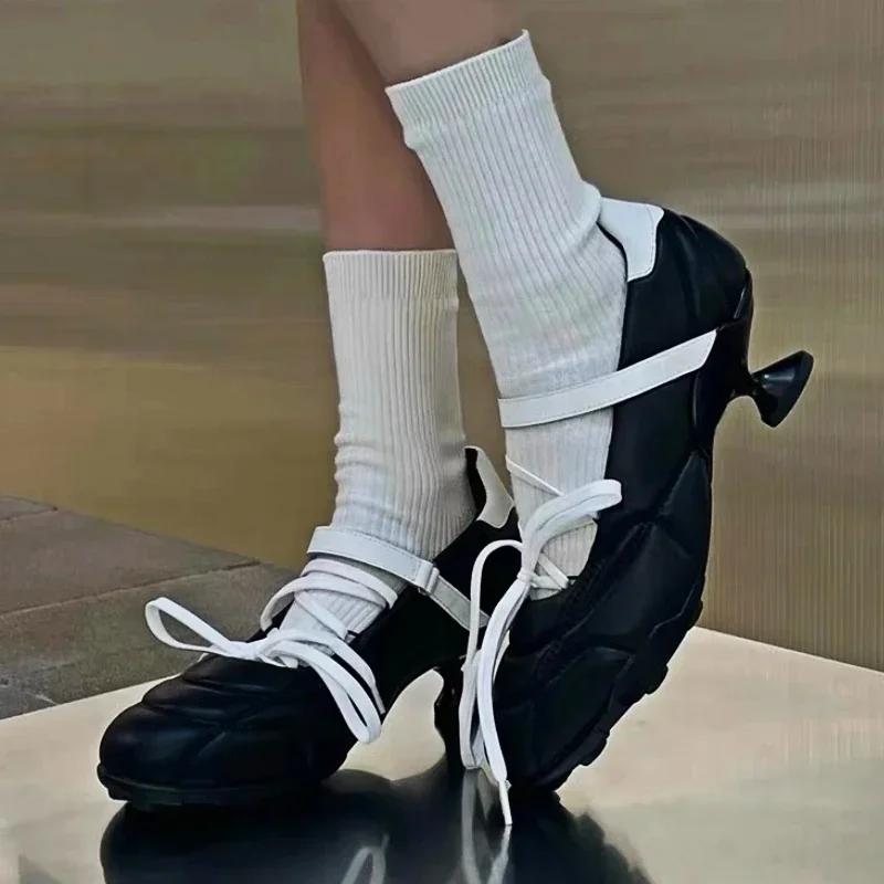 Fashion Designer Heeled Ballet Pumps Women Round Toe Cross Lace Up Strange Shoes Sporty Style Silver Brand Low Heeled Shoes