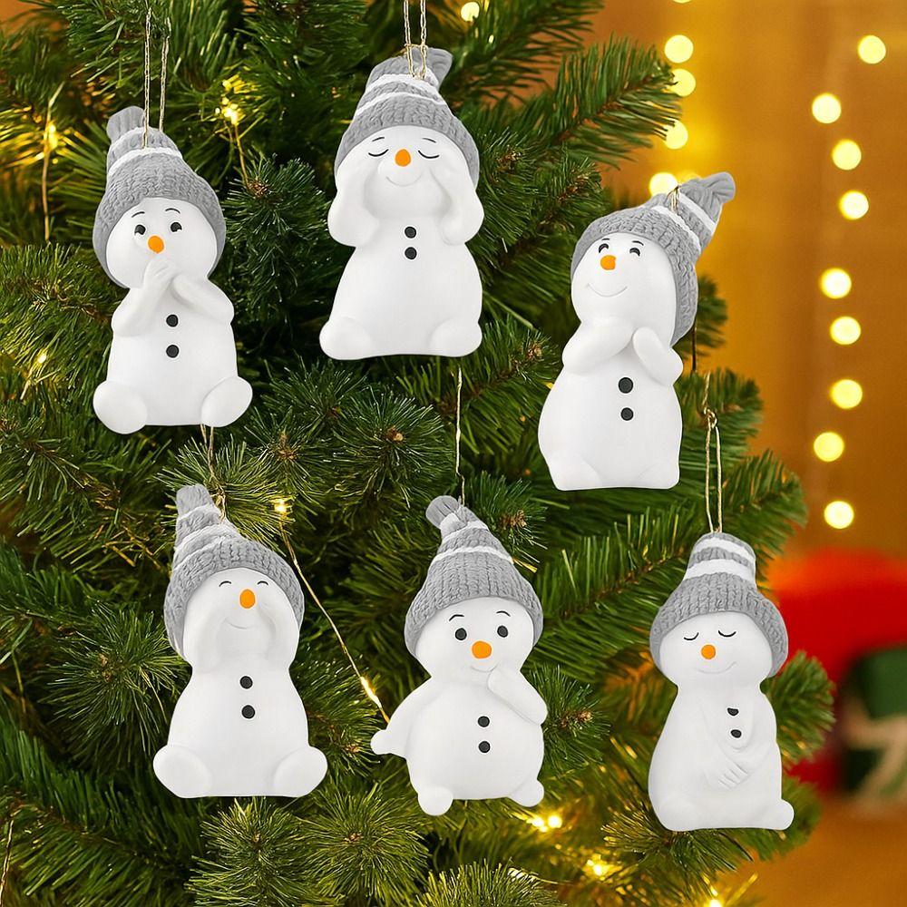 6Pcs Cute Christmas Snowman Pendant Wooden Cartoon Snowman Christmas Tree Pendant Exquisite Hanging Snowman Decoration Pendants
