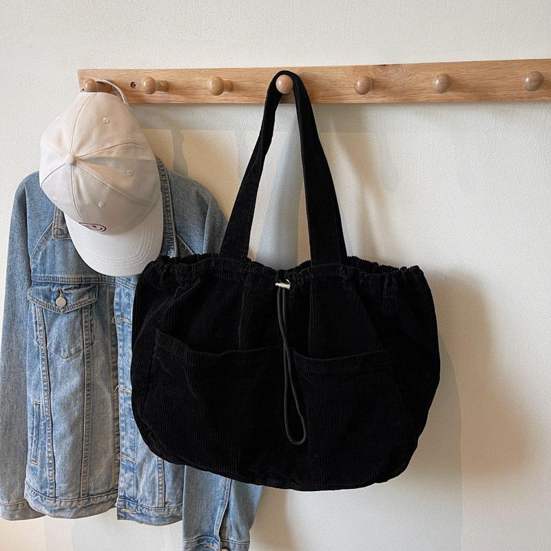 Japanese Retro Corduroy Handbag Canvas Large-Capacity Underarm Bag Fashion Drawstring Shoulder Women'S Bag
