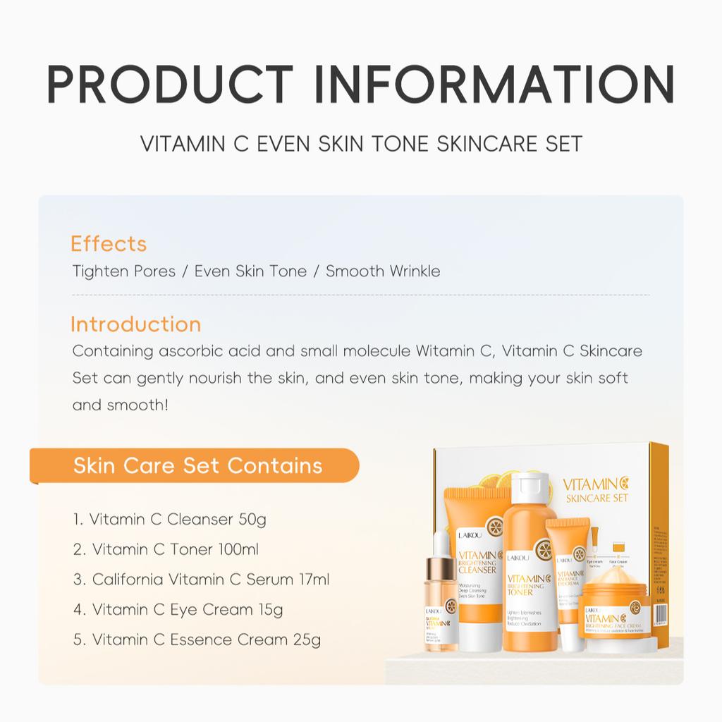 LAIKOU Vitamin C Hautpflege-Set 5-teilig Gesichtsreiniger Toner Serum Creme Augencreme
