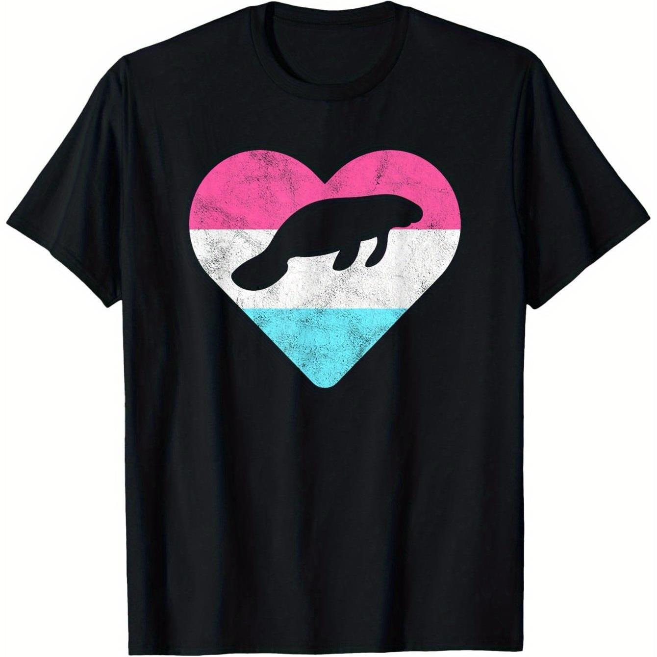 Manatee Heart Pride Flag Retro Graphic Tee Casual Cotton Short Sleeve T-Shirt Daily Unisex 4XL