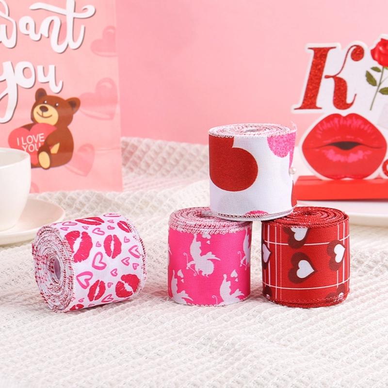 4 Rolls 5cm Valentines Day Wire Ribbon Gift Wrapping Ribbons for Wedding Wreath Hair Bows DIY Crafts with Heart Pattern