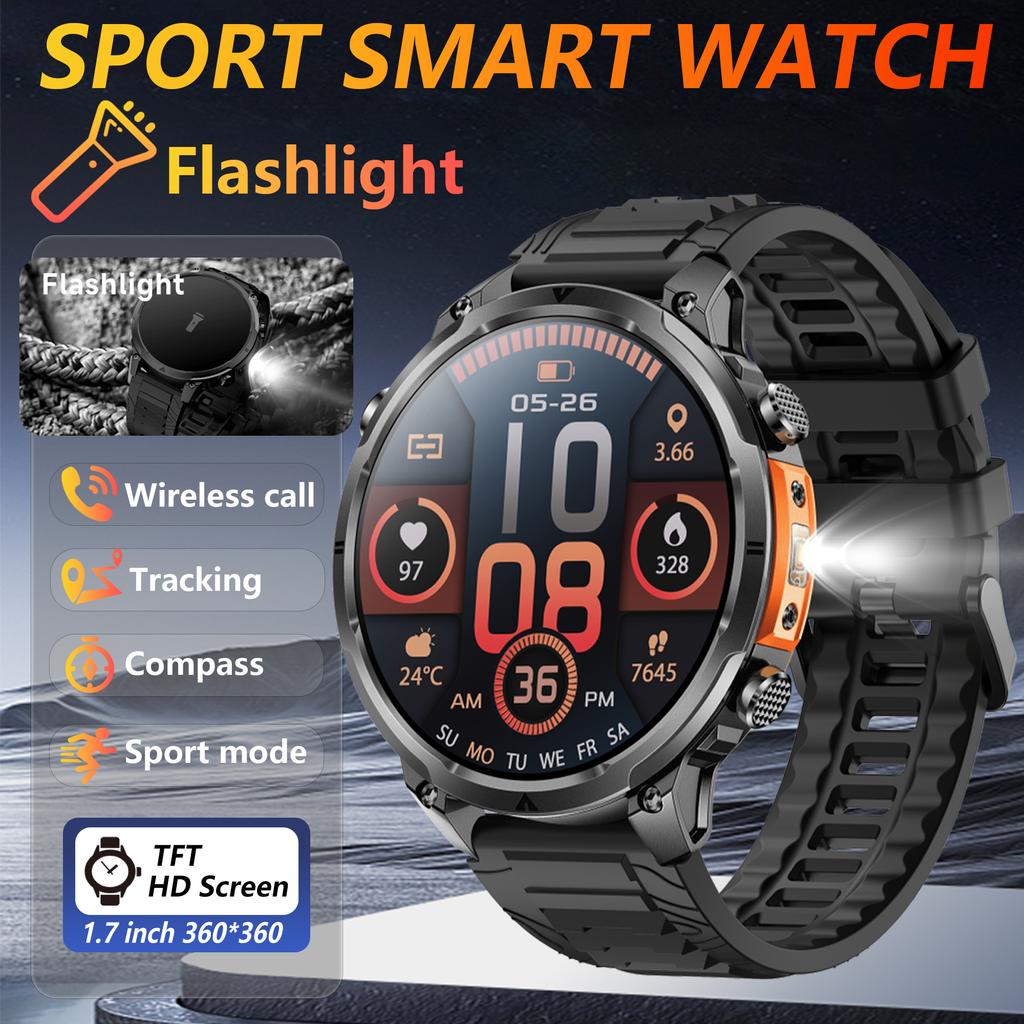 SACOSDING Smart Watch Men Outdoor Sports GPS Positioning Flashlight Altitude Air Pressure BT Calling Health Monitoring Smartwatch