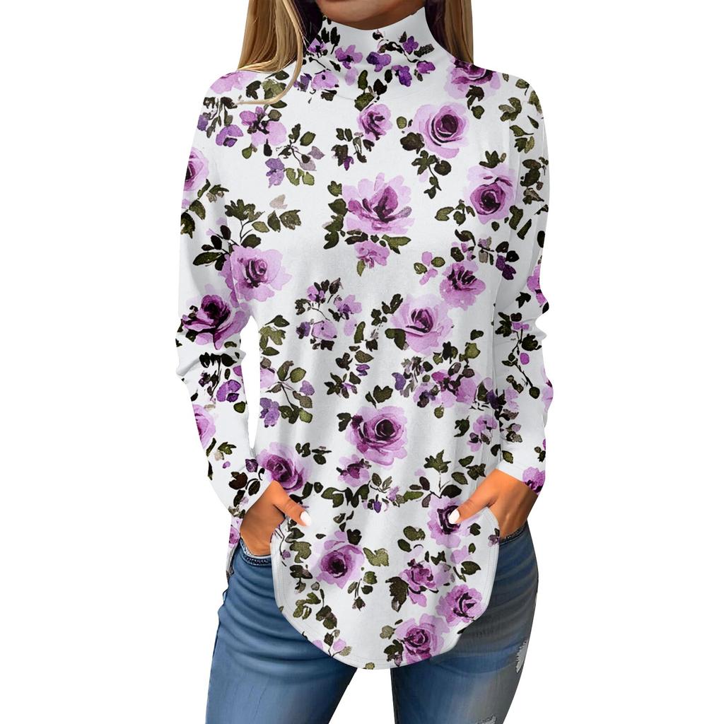 Tee Shirts For Women Fall Casual Long Sleeve Shirts Sweatshirt Vintage Printed High Neck Top Pullover
