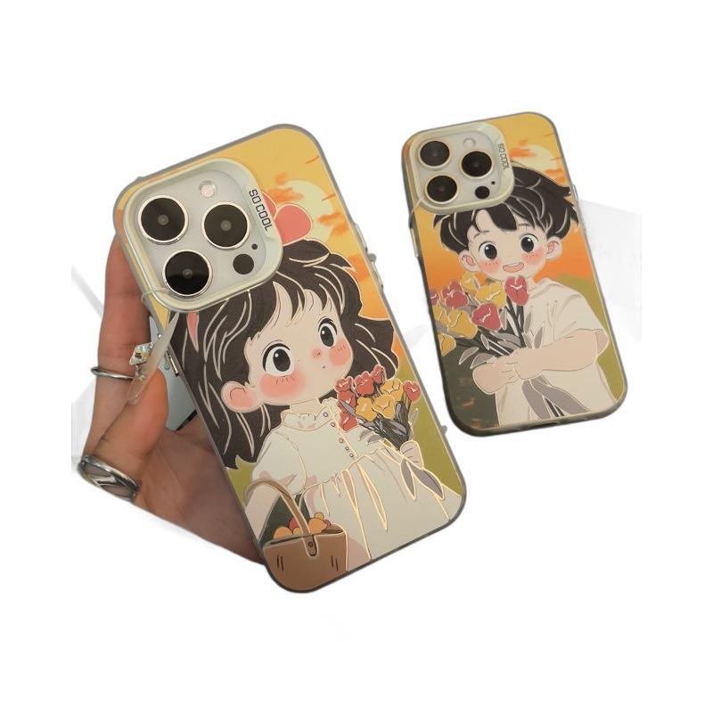 Flower Picking Boy iPhone16promax Mobile Phone Case 15plus Anti-drop for Apple 14 Hard 12 Couple 13 Hard