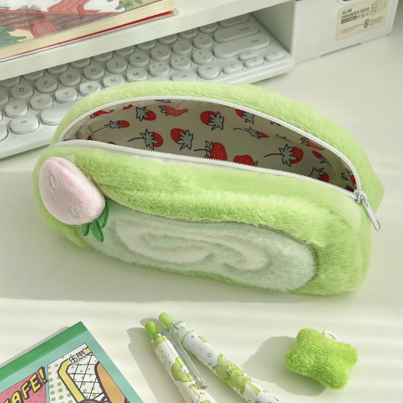 Kawaii Cake Roll Plush Pencil Case with Strawberry Pendant Large Capacity Stationery Organizer for Middle School Students
