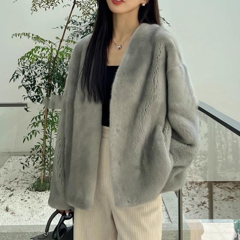 Podzimní a zimní nový dámský módní kabát z umělé kožešiny s výstřihem do V