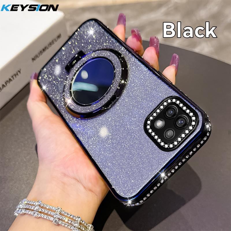 KEYSION Luxury Glitter Jewelled Magnetic Phone Case for Samsung Galaxy A22 A22S 5G A12 M12 Makeup Mirror Stand Shockproof Cover