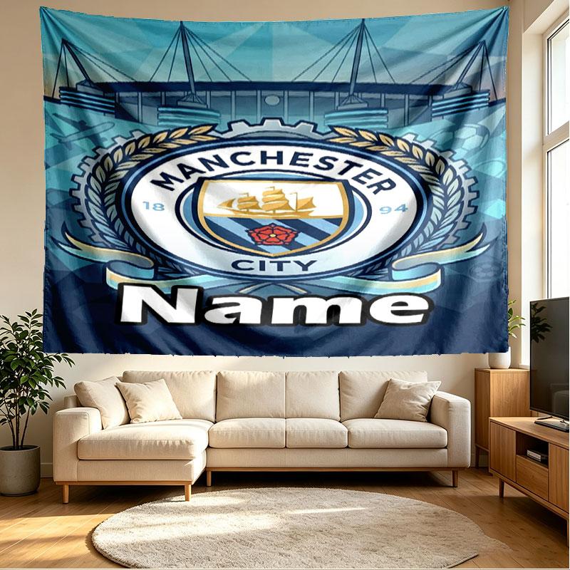 Custom Name Personalized Manchester City Print Tapestry, Wall Art Decor, Bedroom, Dorm, Apartment, LivingRoom, Party Backdrop, Gift for Birthday