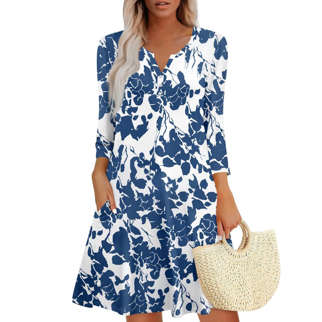 Women's Summer Dress Loose V Neck Three-quarter Sleeve Sundress With Pockets Dress