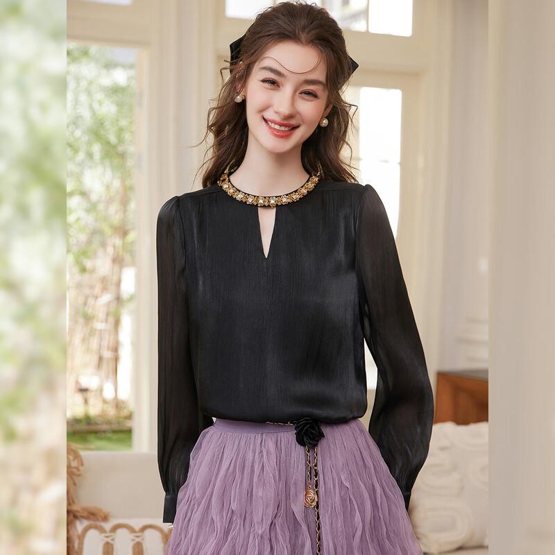 Bailuyu French Elegant Rhinestone Chiffon Shirt L