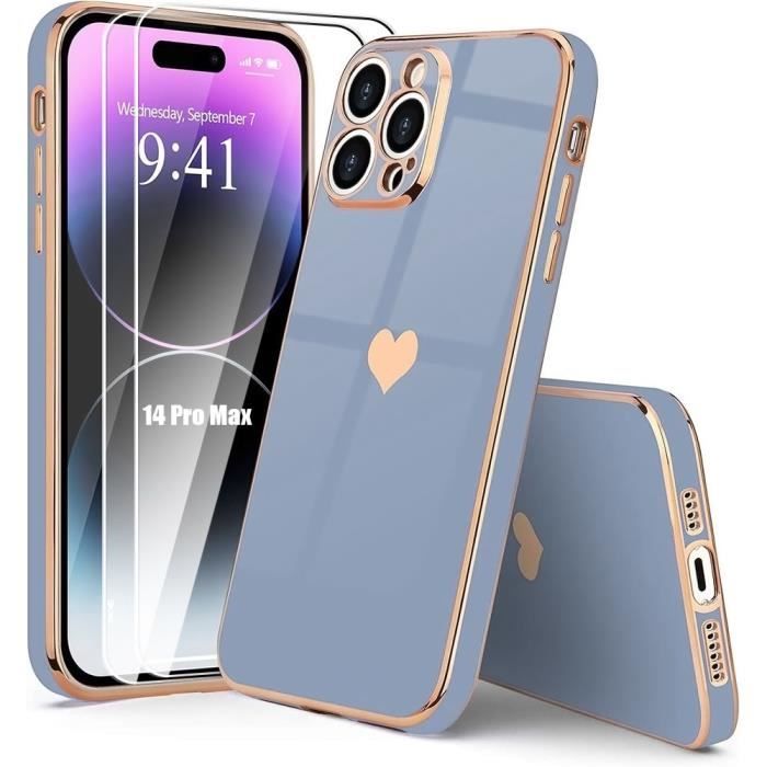 Case + Tempered Glasses - Blue - for iPhone 14 Pro Max - Shockproof - Golden Heart Pattern - Plated
