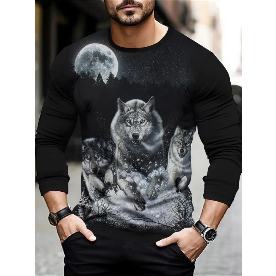 T Shirt for Mens Wolf Pattern Print Long Sleeve Leisure 3D Polyester Man's T-shirts