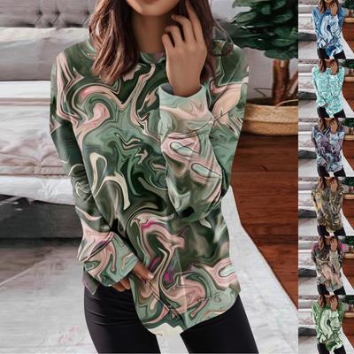 Kadın Yuvarlak Boyun Üstleri Pamuklu Kadın Rahat Moda Çiçek Baskı Uzun Kollu O-Boyun Kazak Üst Bluz