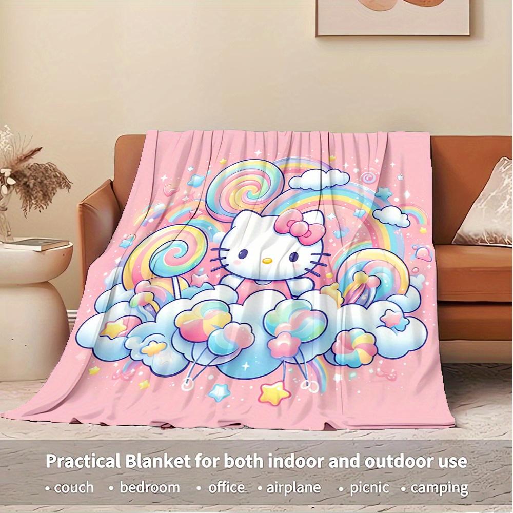 For Hello Kitty, Rainbow, Candy LandAnime-Themed Flannel Blanket, Glam Style, Digital Print, All-Season Comfort, Tear-Resistant, Knitted Cra