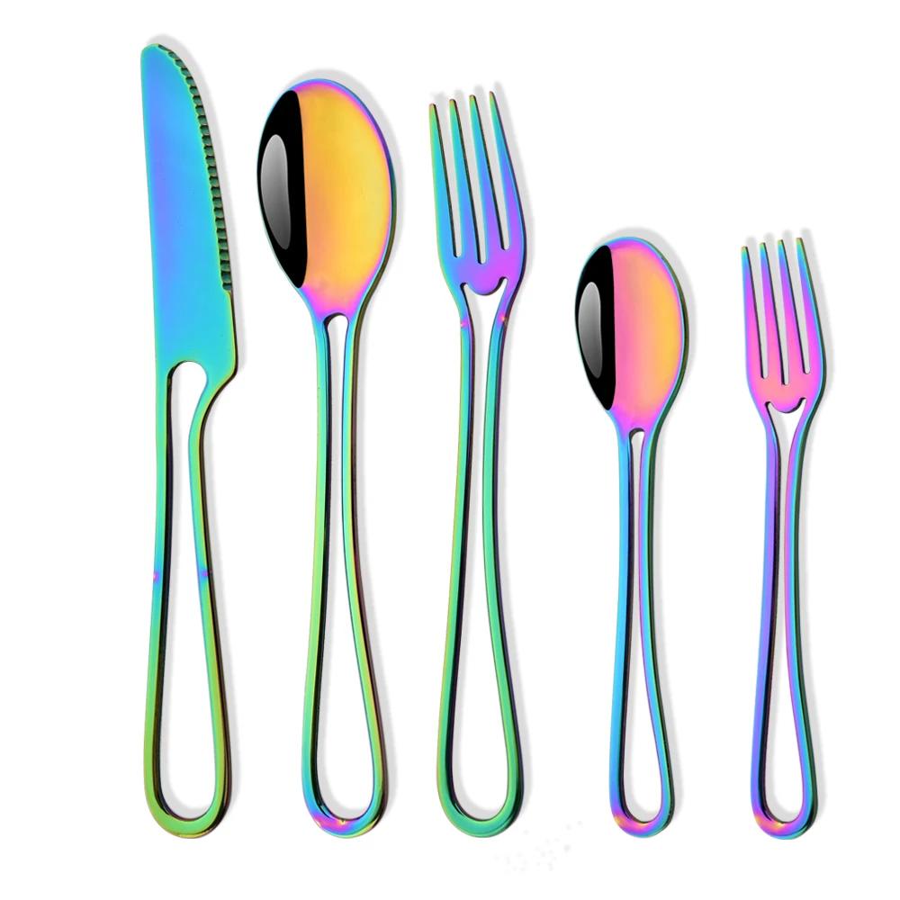 5Pcs Knife Fork Spoon Flatware Set Rainbow Hollowed Out Handle Dinnerware Set Stainless Steel Western Food Suit Silverware Set