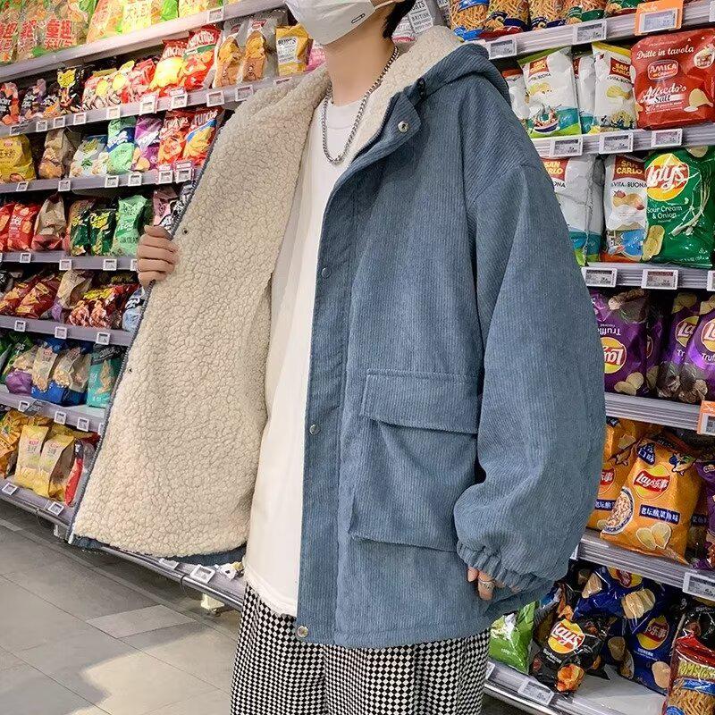 Men's Winter Corduroy Cotton Coat with Velvet-Enhanced Lambswool, Hong Kong Style Hooded Casual Jacket.