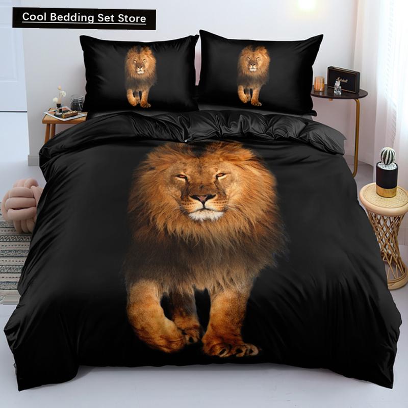 Comforter Lion Tiger King Queen Lovely Wild Animals Bedding Set For Kids Teens Adults Wildlife Grey Black 2/3Pcs