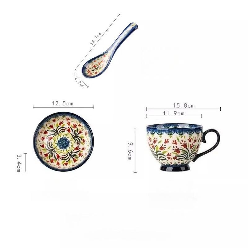 Handpainted Ceramic Soup Bowl with Snack Serving Tray,Vintage Floral Embossed Design Microwave Safe,Large Handle and Thick Base,Perfect for Cereal,Nut