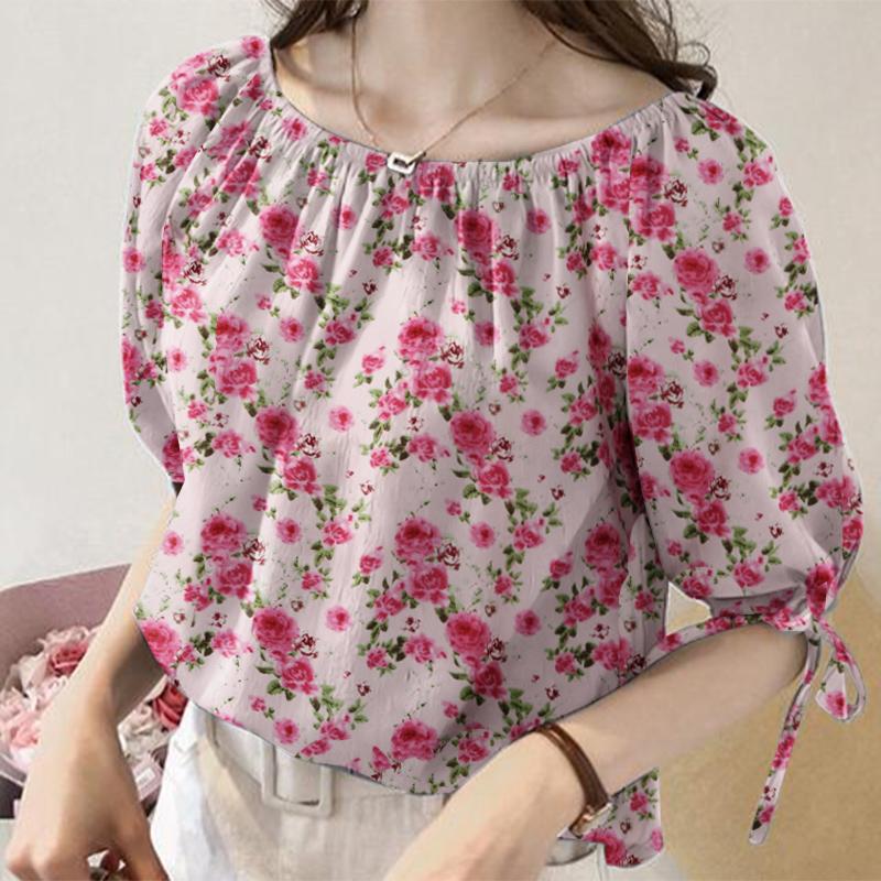 

VONDA Женская повседневная блузка с круглым вырезом и короткими рукавами с цветочным принтом S розовый