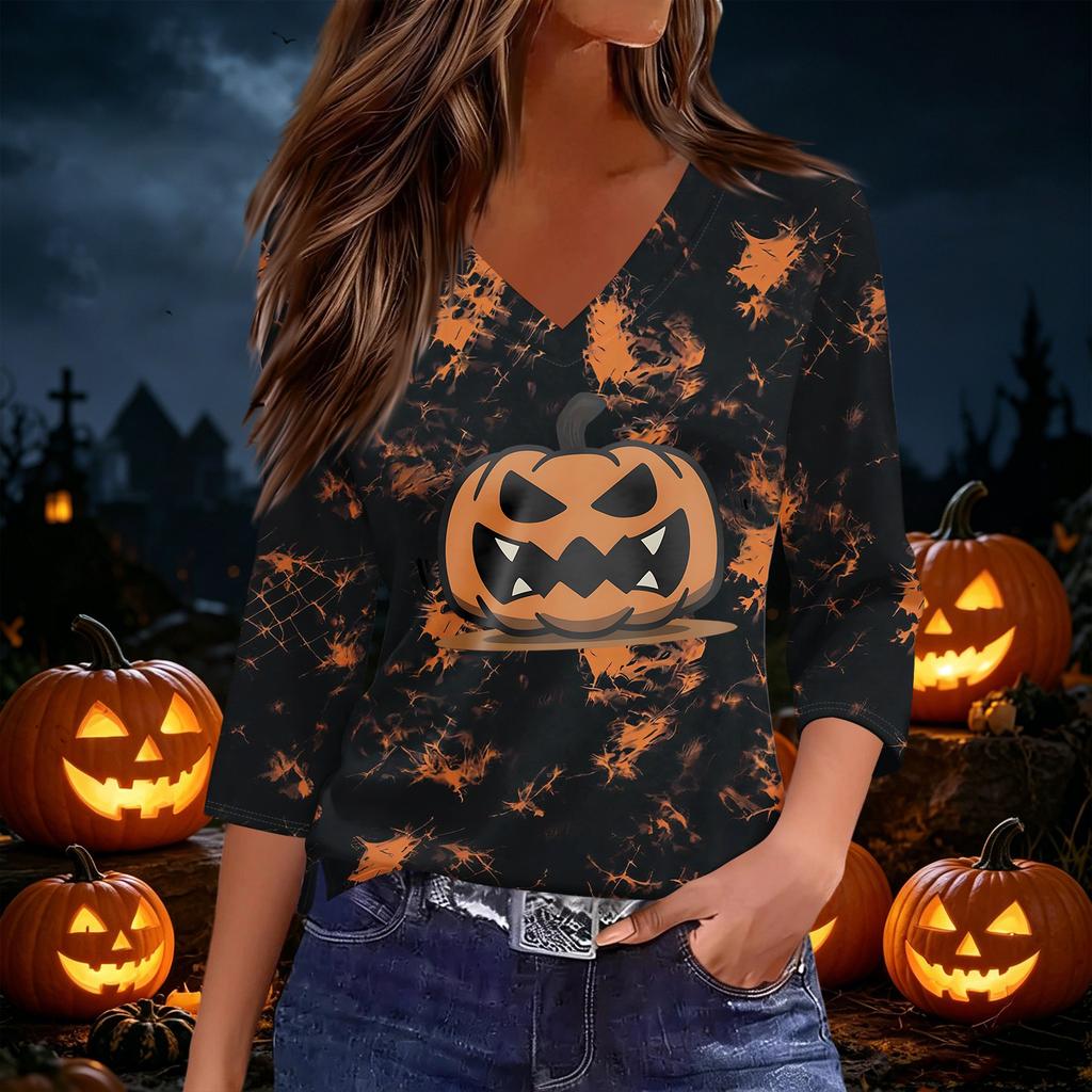 Women's Casual Halloween Print V-Neck Three-Quarter Sleeve Blouse for Festive Occasions