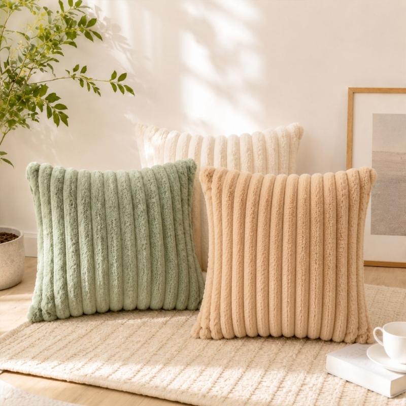 Guest Room Pillowcase Set of 4, 45 x 45 cm with Ribbed Front and Smooth Reverse for Sofa Line Indoor Seating Use