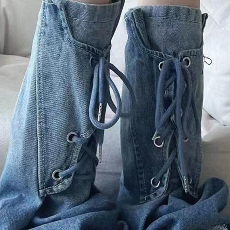 Women Cute Denims Leg Warmers Girls 80s Harajuku Punk Knee High Leg Socks Preppy Stockings Gothic Clothes Y2K Streetwear