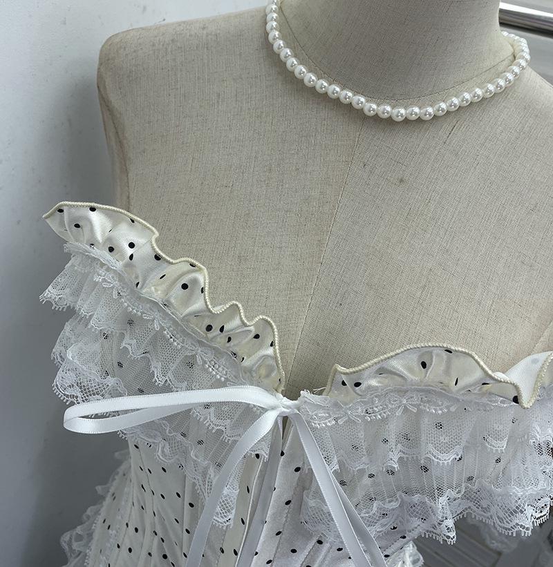 Retro Polka Dot Strapless Lace Trim Crop Top 