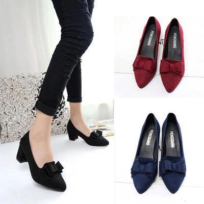 Chaussures à nœud papillon en daim pour femmes, talons hauts épais, chaussures de mode décontractées à bout pointu