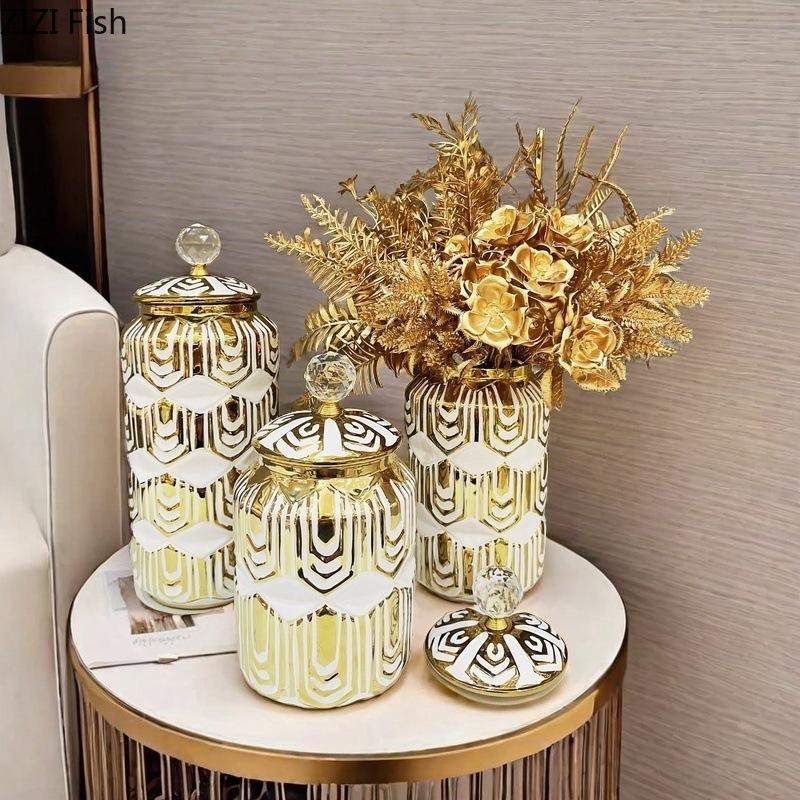 Gold-plated Ceramic Vase with Lid Desk Decoration Flowers Arrangement Artificial Flower Floral Vases Room Aesthetic Decor