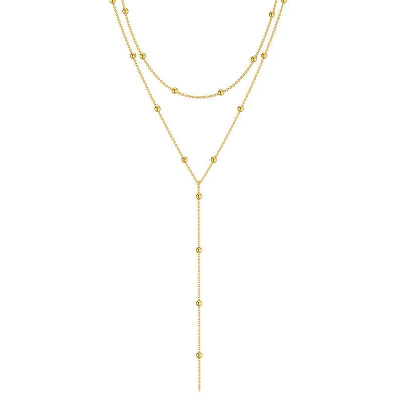 Vintage Gold Color Double Layered Long Chain Drop Necklaces for Women Simple Metal Geometric Bead Tassel Choker Necklace Jewelry