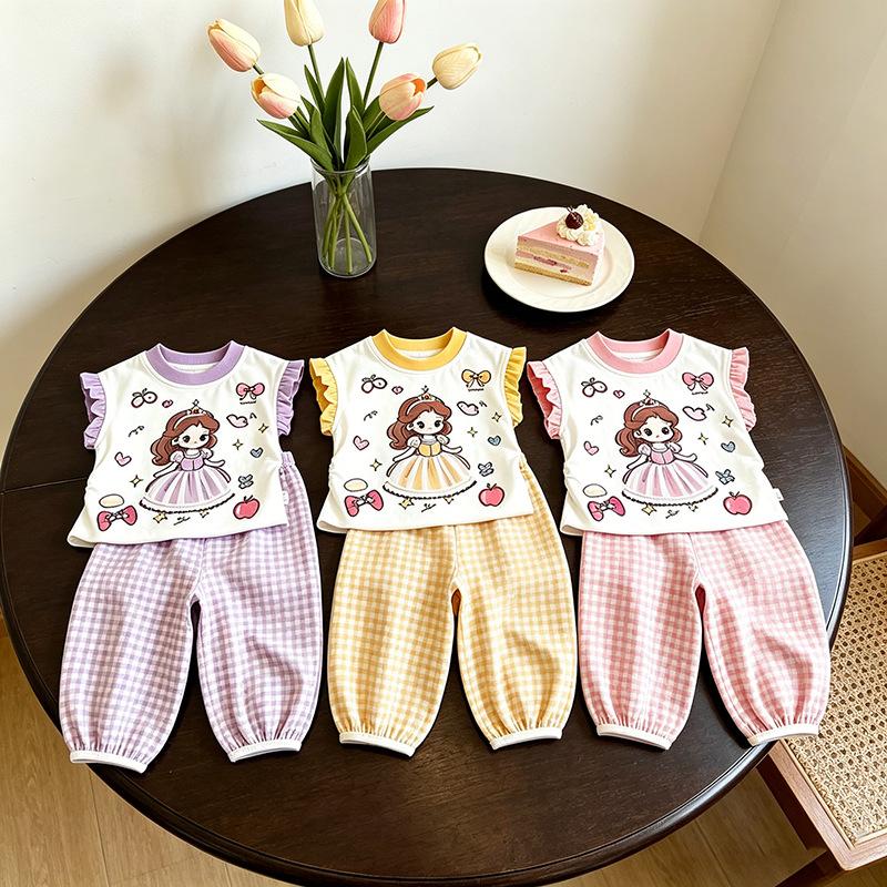 Girls Summer Sweet Princess Outfit Floral Ruffle T Shirt And Plaid Jogger Pants Two Piece Set For Kids