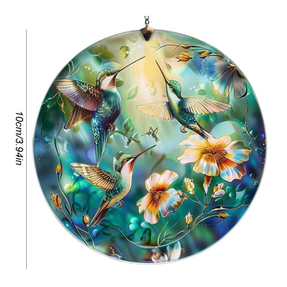 Portable Acrylic Hummingbird Hanging Suncatcher Flat Round Window Pendant Ornament Colorful Garland Decoration Window