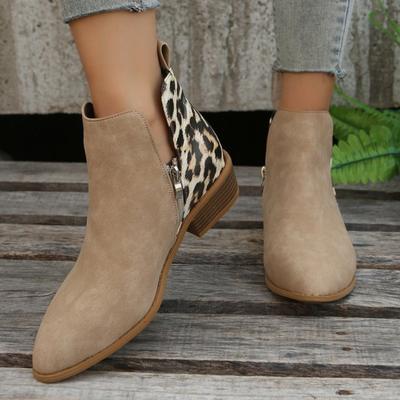 Damen Colorblock Stiefeletten mit niedrigem Absatz, Leopard Spitzschuh Mode Lederstiefel, Übergröße Western-Stil Schuhe