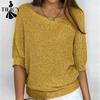 Women's Fashion Casual Spring Fall Solid Color Print 3/4 Sleeves O-Neck Sweaters